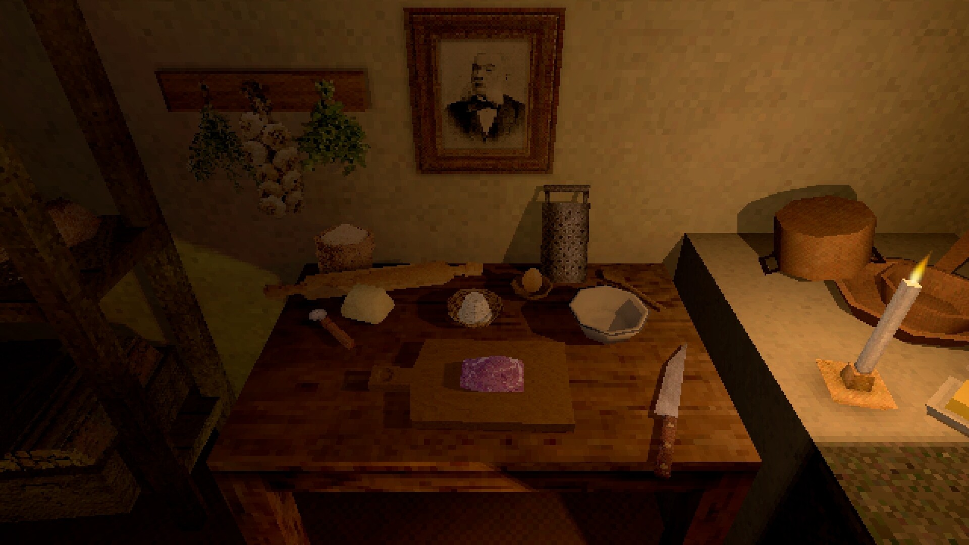 Cucina Stellata screenshot: a wooden table with ingredients, a knife and a candle.