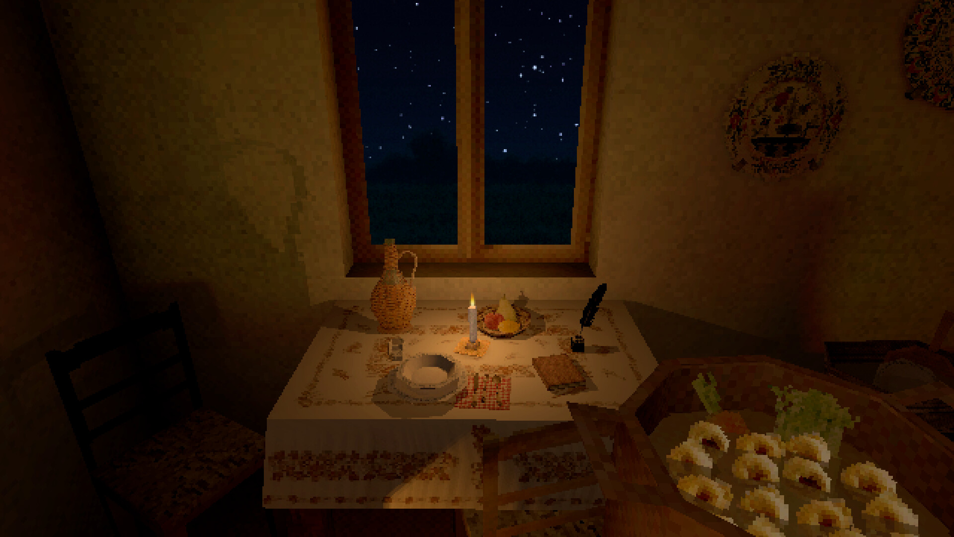 Cucina Stellata screenshot: a dinner table by a night window with ring-shaped pastries.