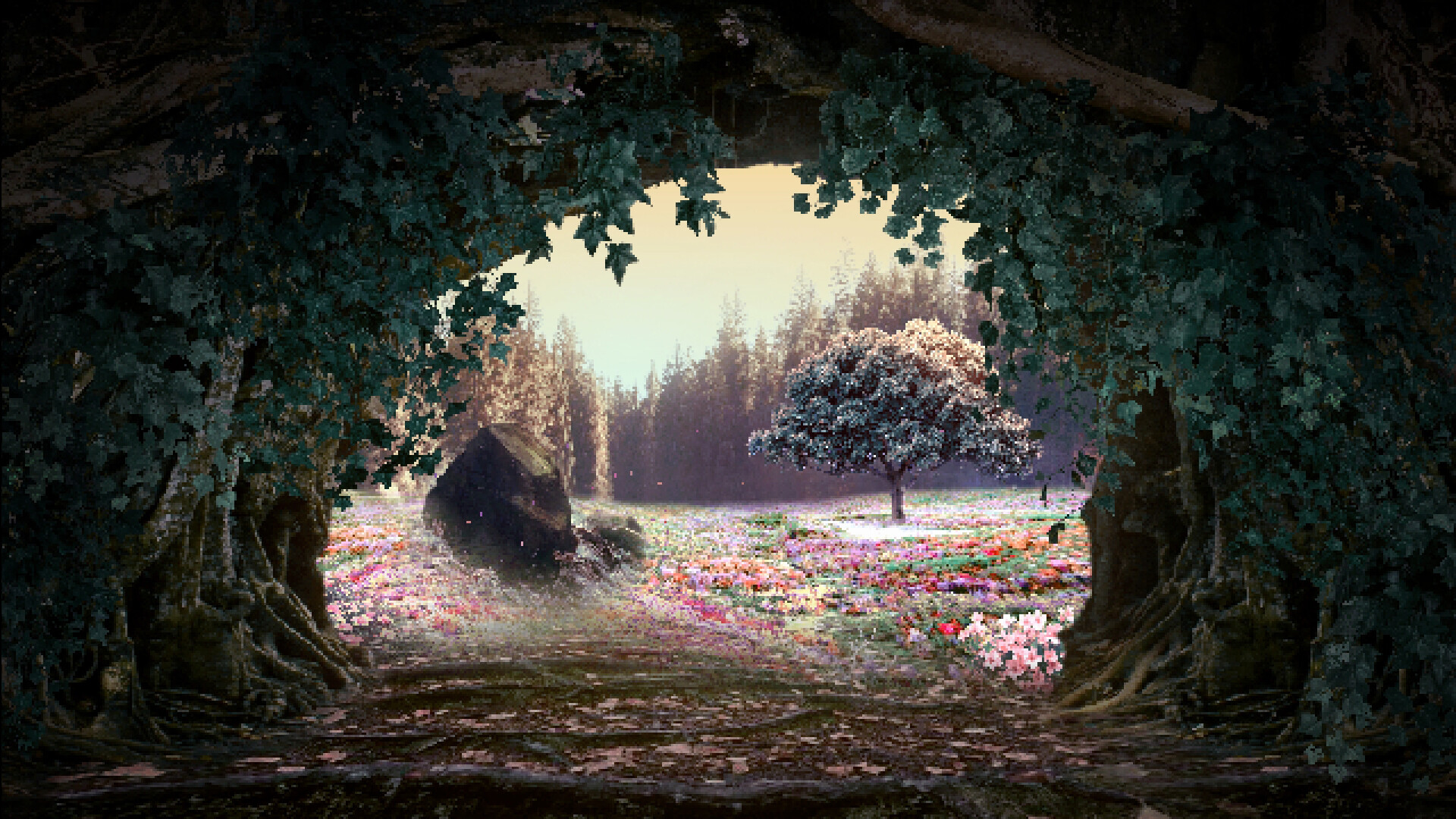 Cucina Stellata screenshot: a leafy cave opening onto a flowering meadow.