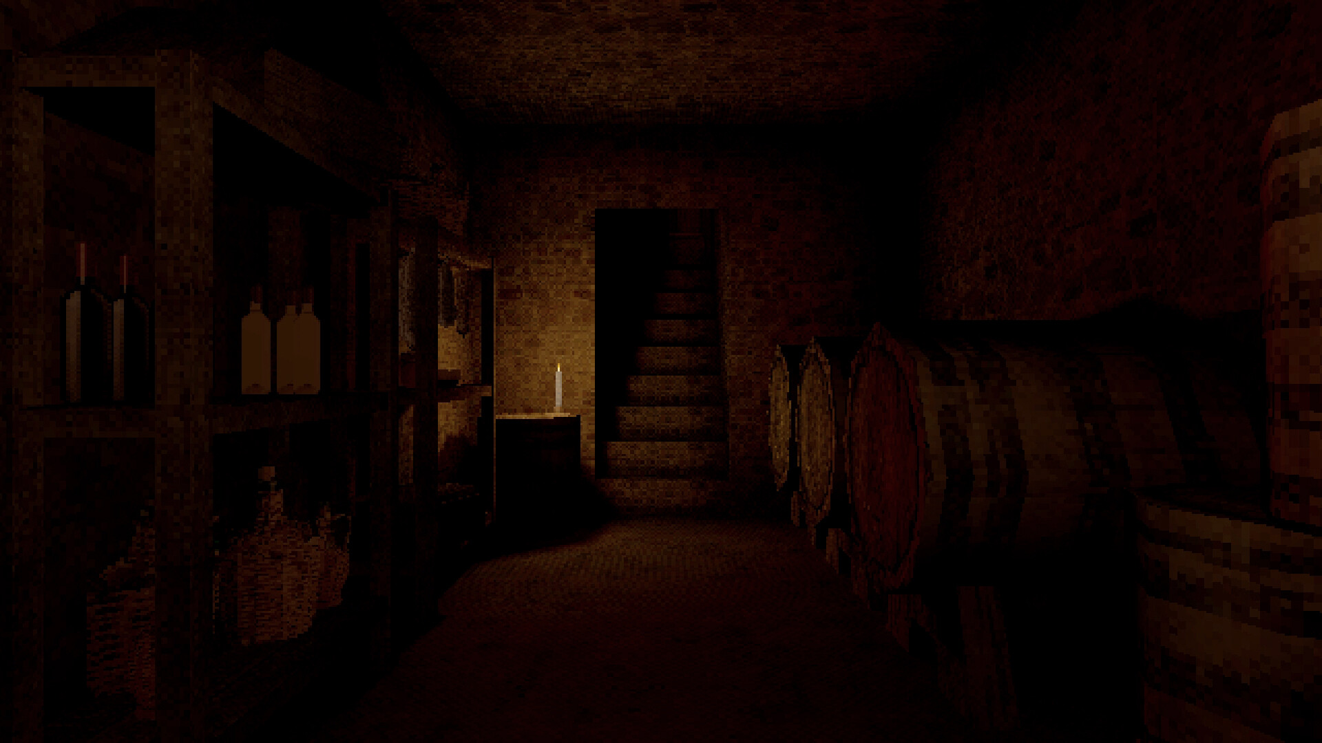 Cucina Stellata screenshot: a cellar with barrels, shelves and stairs.